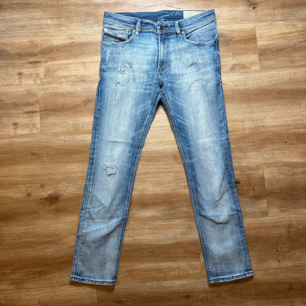 Diesel Thavar Jeans Mens 30x30 Light Wash Blue Slim Fit Stretch Distressed Denim